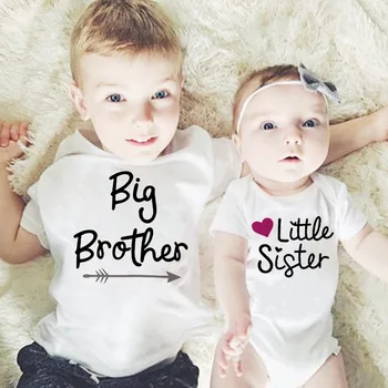 Модная футболка в тон брату и сестре, Детская футболка с круглым вырезом и буквенным принтом для старшего брата и младшей сестры, Детское боди