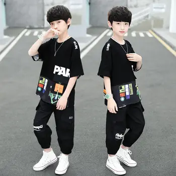 Мягкая одежда для маленьких мальчиков и девочек в корейском стиле от 2 до 12 лет, повседневный комплект с короткими рукавами + брюки, хлопковый костюм из 2 предметов