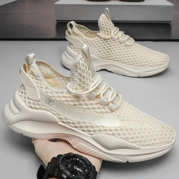 Дышащие мужские кроссовки для бега, легкая мужская спортивная обувь, Летняя Гибкая Мужская обувь для ходьбы, нескользящие кроссовки на шнуровке 2023