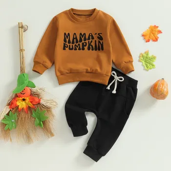Комплекты брюк из 2 предметов для маленьких мальчиков, Осенняя одежда, топы с длинными рукавами и надписями и комплекты штанов с завязками, детские вещи, одежда