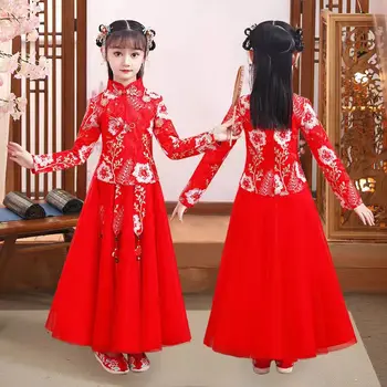 Платья для девочек в цветочек, 2 шт., детские платья для девочек, китайский Чонсам, Элегантная одежда для малышей, Традиционная китайская одежда для детей