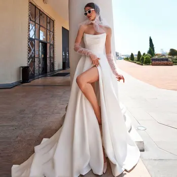 Простые белые свадебные платья Challoner, Сексуальное Атласное свадебное платье без рукавов с открытой спиной, Придворный Шлейф, Сшитое на заказ Vestido De Novia