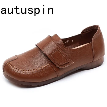 Autuspin/ Новое поступление, Швейные женские туфли на плоской подошве, осенние ретро коричневые женские лоферы из натуральной кожи для отдыха, Большие размеры, Повседневная женская обувь
