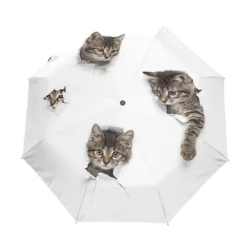 Кошки В Дырочках Креативный Дизайн Женский Автоматический Зонт Parasol С Тремя Складывающимися Переносными Дорожными Зонтиками От Дождя С Черным покрытием