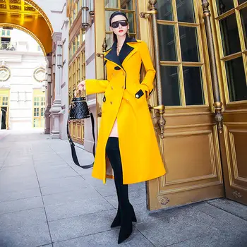 Осенне-зимнее новое женское пальто контрастного цвета 2021 Года, молодежное модное Длинное шерстяное женское пальто
