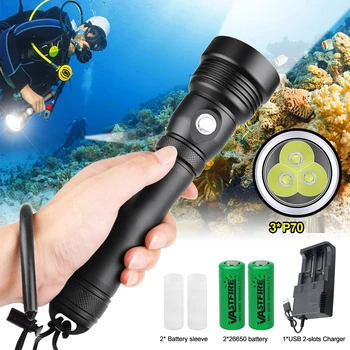 IP68 Мощный фонарик для подводного плавания Супер яркий 5000LM Водонепроницаемый профессиональный дайверский фонарь под водой 200 м + противоскользящая веревка