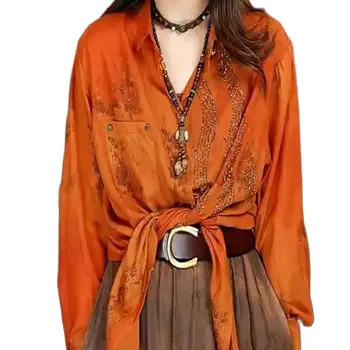 Новинка 2023 года, весенне-осенняя рубашка, Эстетичная Женская одежда, Летние блузки, Топы с длинным рукавом, оранжевые шифоновые рубашки AC569