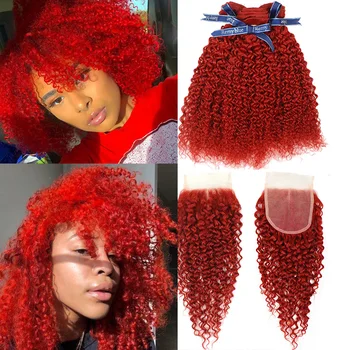 Красные кудрявые пучки с застежкой 4 * 4 с детскими волосами, Прозрачное кружево, Бразильское плетение из человеческих волос, 3 пучка с кружевной застежкой