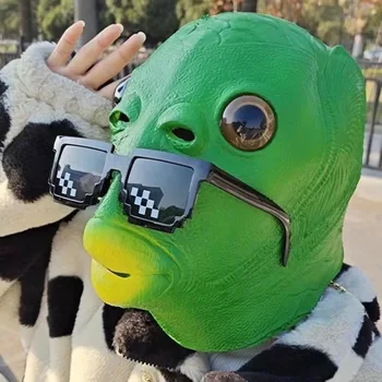 Забавная Уродливая Латексная маска в виде зеленой рыбки с солнцезащитными очками для взрослых, Косплей, Головной убор Инопланетянина на Хэллоуин, Товары для вечеринок ужасов