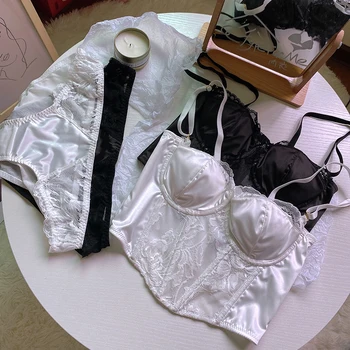 Сексуальное женское белье в стиле жилета Wriufred, комплект нижнего белья из тонкого кружева с атласной отделкой в полстакана, бюстгальтер на бретелях и трусики