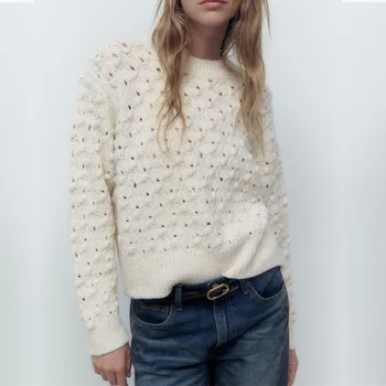 Осенне-зимняя новинка, грязно-белый пуловер с вырезами, модный текстурированный вязаный свитер с круглым вырезом для женщин