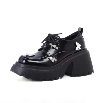 Обувь Mary Jane /Коллекция 2023 года, Весенне-летняя Новая Женская Модная Кожаная обувь на танкетке с бантом на толстой подошве на высоком каблуке со шнуровкой.