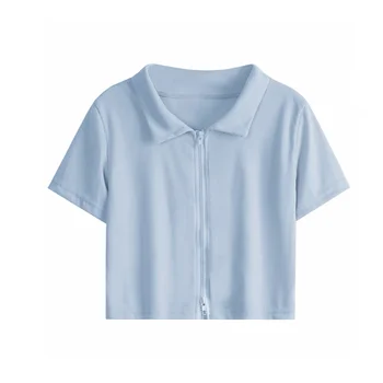 Летняя Женская футболка с коротким рукавом и воротником-стойкой на молнии #nigo94156