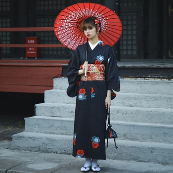 Оригинальное японское женское платье юката, традиционное кимоно, танцевальные костюмы для выступлений, черный цвет, два размера