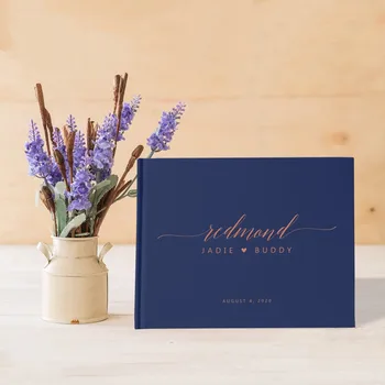 Свадебная гостевая книга из розового золота, изготовленная на заказ, темно-синяя свадебная гостевая книга, альтернативная идея подарка для свадебной вечеринки, альбом на память о помолвке