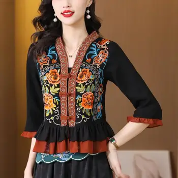 2023 новый летний женский топ в китайском этническом стиле с вышивкой в стиле ретро, женская национальная блузка с v-образным вырезом и коротким рукавом s176
