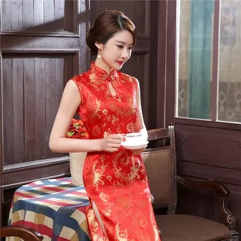 Элегантное Красное Свадебное платье, Традиционное китайское Женское Атласное платье Чонсам без рукавов, Винтажные Длинные платья, Сексуальное Облегающее платье Ципао