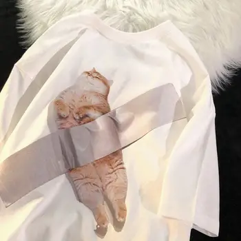 Летняя Мужская Женская толстовка с коротким рукавом и забавным принтом кота, студенческая мода, Harajuku, Повседневная футболка Оверсайз, универсальная Kawaii