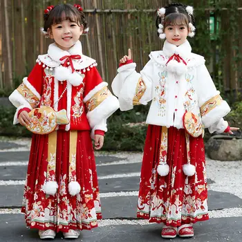 2 Цвета, комплект зимнего платья Hanfu для девочек, Традиционный китайский новогодний костюм, Шикарный теплый ободранный костюм в стиле Тан, плиссированная юбка с принтом