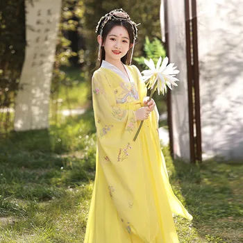 Косплей Древний костюм Ханьфу, Одежда для народных танцев, Одежда для выступлений, Китайское Традиционное Желтое платье с цветочной вышивкой Для девочек
