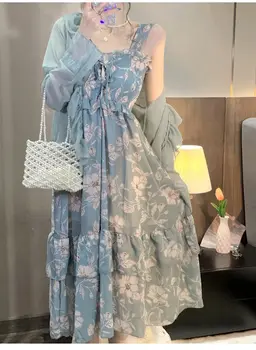 Женский Новый французский высококачественный ремень, Ароматное платье в цветочек, Летнее Длинное платье с небольшим ароматом, комплект из двух предметов
