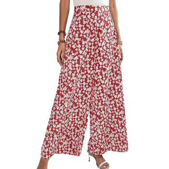 Широкие брюки с цветочным принтом, женские брюки с высокой талией и эластичным поясом, повседневная уличная одежда для отдыха, прямая посадка большого размера