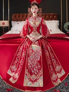 Атласное Вышитое Павлином Свадебное платье в китайском стиле, Свадебный костюм Чонсам с Кисточками, Восточная Одежда Невесты, Винтажное Ципао
