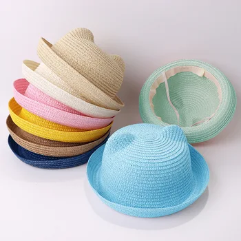 Модные Соломенные шляпы для девочек и мальчиков, Летний головной Убор для Детей, Детская Солнцезащитная шляпа-ведро с милыми ушками, Пляжная кепка с гибкими полями для детей