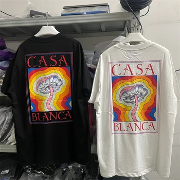 2023, черно-белая футболка Casablanca с красочным грибным принтом, реальные фотографии Мужчин и женщин, высококачественная повседневная футболка Оверсайз