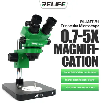 Тринокулярный микроскоп RELIFE RL-M5T-B1 с 0,7-5-кратным увеличением, Непрерывный зум в 7-50 раз, Инструмент для ремонта материнской платы адаптера CTV 0.5X