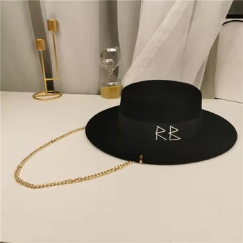 Ретро RB Шляпа с плоским верхом Из чистой шерсти, Модная Универсальная Джазовая шляпа, Маленькая Ароматная Фетровая шляпа с цепочкой