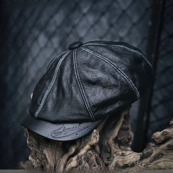Восьмиугольная кепка из натуральной кожи, Потертая шляпа газетчика, Берет Унисекс