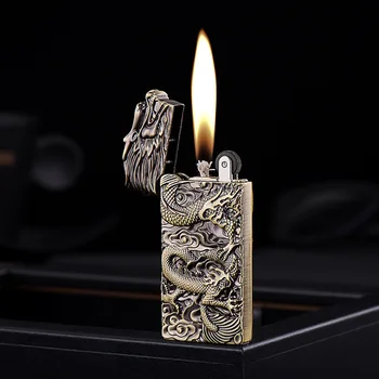 Креативная металлическая зажигалка Dragon Керосиновая с открытым огнем, Шлифовальный круг, Кремень, бутановая зажигалка, Бензиновые принадлежности для курения, мужской подарок