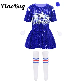 TiaoBug/детский танцевальный костюм для выступлений на сцене для девочек, укороченный топ с юбкой, Шорты, Носки в цветочек, Комплект формы для черлидинга