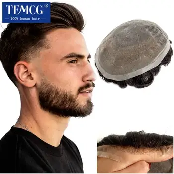 Мужской парик с полным кружевом, Французское кружево, Натуральная линия роста волос, 100% Человеческие волосы, Парики для мужчин, Дышащая система замены волос для наращивания