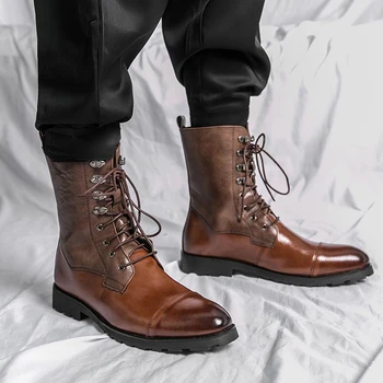 Мужские ботильоны коричневого, черного цвета, деловые мужские ботинки из искусственной кожи с круглым носком на шнуровке, Бесплатная доставка, Размер 38-48, мотоциклетные ботинки