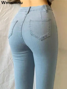 Сексуальные обтягивающие синие джинсы с высокой талией, женские большие размеры 38-40, корейские модные тонкие брюки-карандаш, уличная одежда, эластичные обтягивающие джинсовые брюки