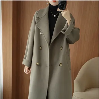 Высококачественное кашемировое пальто Женское Осень-зима 2023, Новое Темпераментное Длинное шерстяное пальто с поясом, двубортное тонкое женское пальто