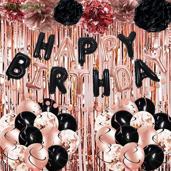 78 шт., черный Комплект для украшения вечеринки в честь Дня рождения из розового Золота, воздушные шары конфетти, Занавески, бумажный цветок, подвесная гирлянда для девочек