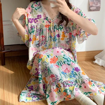 Летние свободные платья для японских девочек больших размеров с V-образным вырезом, Дышащая комфортная ночная одежда с коротким рукавом, которую можно носить снаружи