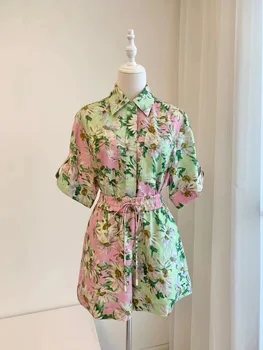 Женская льняная однобортная рубашка с отложным воротником и цветочным принтом или шорты с эластичной резинкой на талии