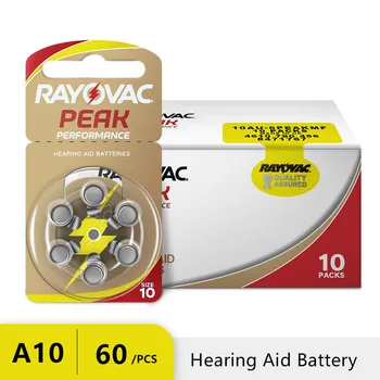 RAYOVAC PEAK 60 шт. Батарейки для слуховых аппаратов A10 10A ZA10 10 S10, 60 шт. Батарейки Для Слуховых аппаратов Цинково-Воздушная Батарея Для Усилителей звука