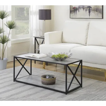 Журнальный столик с полкой, Искусственная береза/Черный, мебель для гостиной, приставной столик, Модный и практичный обеденный стол для гостиной