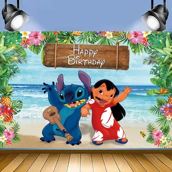 Декорации для вечеринки Disney Lilo & Stitch, Виниловые фоновые рисунки для мальчиков и девочек, принадлежности для празднования Дня рождения