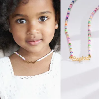 Ожерелье с пользовательским именем для девочки, Персонализированная мягкая Керамическая табличка из нержавеющей стали, Радужные ожерелья для детей, детский подарок