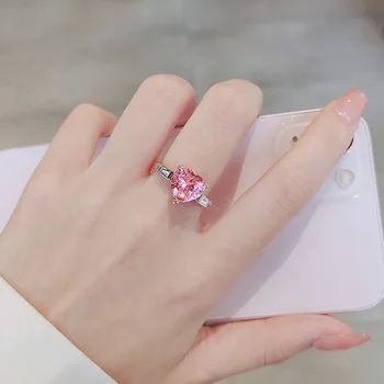 Красивые простые милые розовые кольца с цирконием в виде сердца любви для женщин, корейский стиль, новые ювелирные изделия оптом