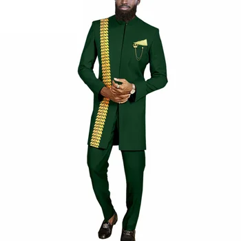 Новая Модная Африканская Одежда для Мужчин, Приталенный Блейзер с вышивкой и Брюки, Комплект Официальных Нарядов, Куртка Дашики с Косынкой-цепочкой