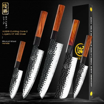 Японские кухонные ножи Шеф-повара Santoku Nakiri, универсальный нож для Петти, 3 слоя стали AUS10, Деревянная ручка, Инструменты для приготовления пищи ручной ковки