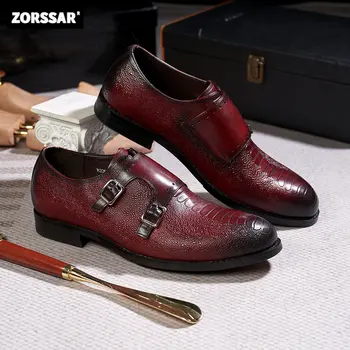 Реальный кожаный двойной пряжка обувь манка мужчин Гудиер обувь для мужчин костюм обувь для мужчин скольжения на указал ручной работы кожаная обувь для мужчин