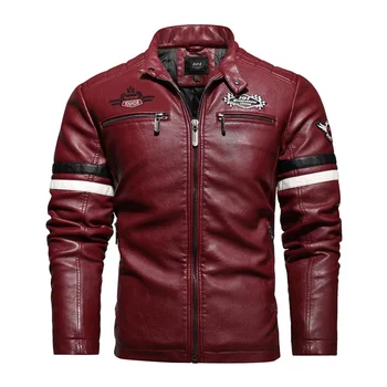 Осенне-Зимняя кожаная куртка с вышивкой для мотогонок, мужская цветная блочная лоскутная искусственная мужская Тонкая